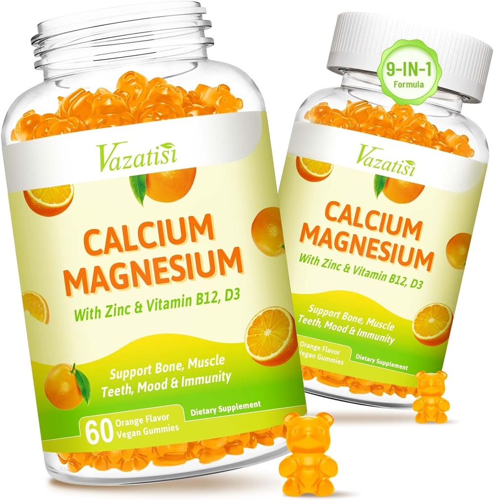 Kaltsium Magneesium Tsink Kummid Vitamiin D3 ja K2, Suure imendumisega Magneesium Glütsinaat Kaalium Immuunseks ja rahulikuks meeleoluks, Vegan Orange Maitse 120 Gummies