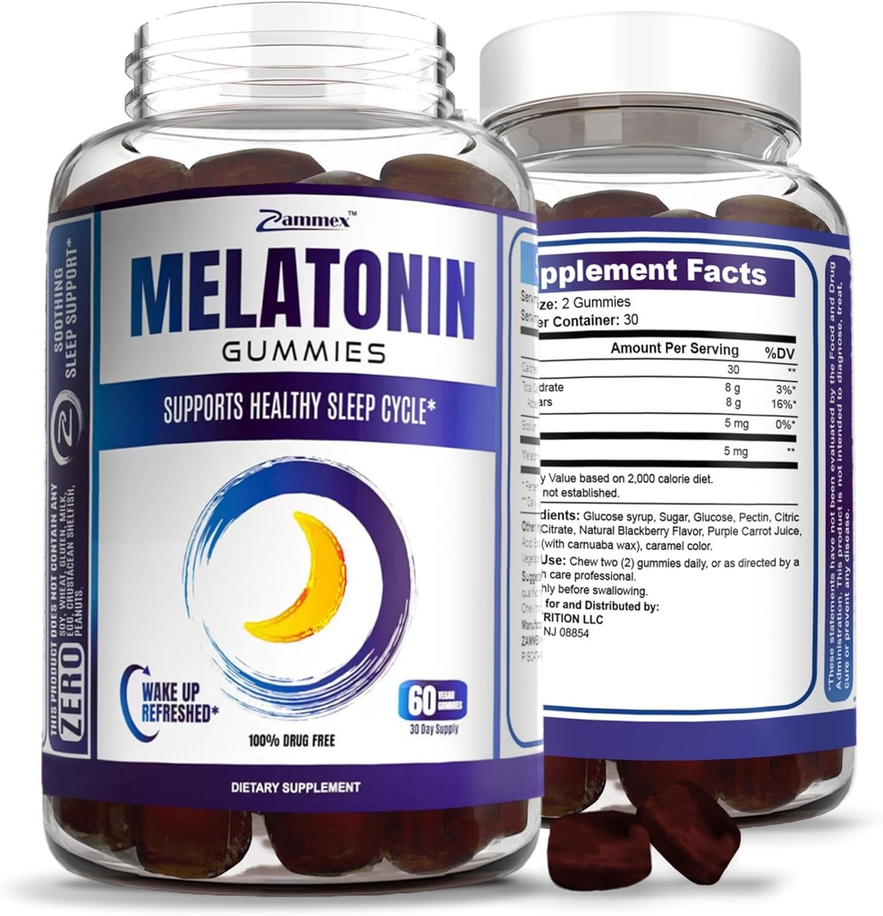 Zammex Melatonin Gummies 5mg | 60 Count | Sleep Supplement täiskasvanutele | Drug Free Sleep Aid Gummy | Natural Berry Flavor | Vegan, Non-GMO, Gluteenivaba