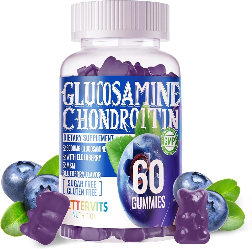 Glükoosamiin Chondroitin Gummies koos MSM & Elderberry Extra Tugevus - ühine tugi, antioksüdantide immuuntoetus täiendus täiskasvanutele, meestele ja naistele.60 Mustikakummid