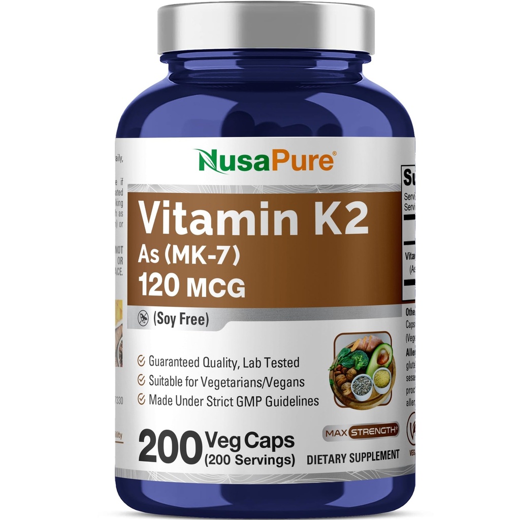 NusaPure Vitamiin K2 MK7 120 mcg 200 Veggie Caps (Soy Free, Non-GMO, Vegan)