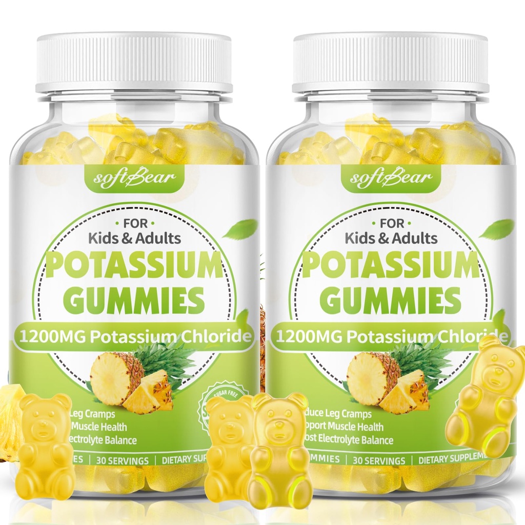 softbear Kaalium Chloride Gummies 1200mg, Sugar-Free Kaalium Gummies täiskasvanutele Toetus Jalakrambid Kõrge potentsi Kaaliumkloriidi täiendus, Ananass Maitse 120 Count