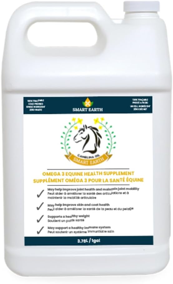 100% puhas Camelina õli hobustele - Omega 3 ja E-vitamiini rikas lisand mantel, kabjad, artriit, liigesed, kehakaalu tõus ja haavandid - vale linaseemneõli valmistatud Kanadas Smart Earth, 1gal.