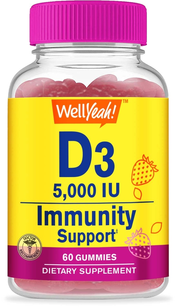 Nohja Vitamiin D3 5000 RÜ (125 mcg) Ekstra Strenght Gummies - Luude Tervise, Immuunsüsteemi Booster, Luu Ja Hammaste Toetus - Mitte GMO, Gluteenivaba, Pähklivaba, Taimetoitlane - Maasikas Maitse - 60 Gummies