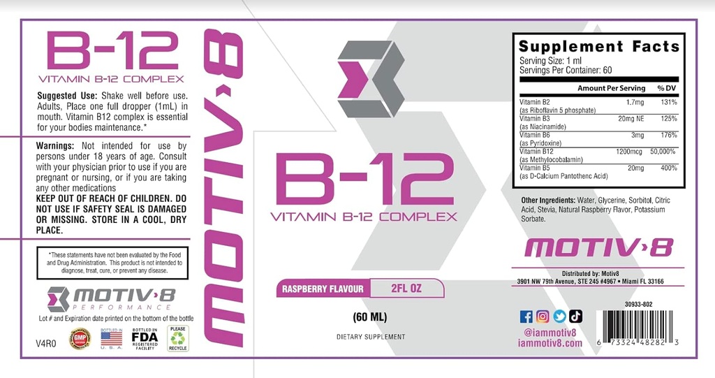 Motiv-8 Essentials Vitamiin B-12 tilgad, sublingvaalne, lihtne võtta vedelat toidulisandit, toetab silmade tervist, ajuenergiat, närvisüsteemi, tunnetust ja mälu (60 Servings, Vaarika)