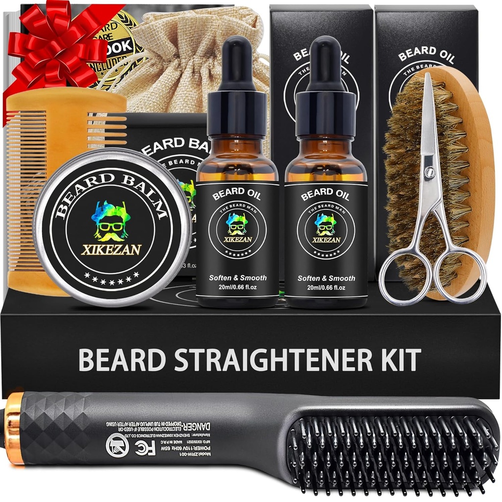 XIKEZAN Beard Kit meestele Grooming & Straightening Set,w/Beard Straightener, 2 Pack Oil, Balm, Comb, Scissor, Brush, Birthday Valentines Kingitused Talle Isa Mees Poiss-sõber Jõulusäilitamine Stuffers