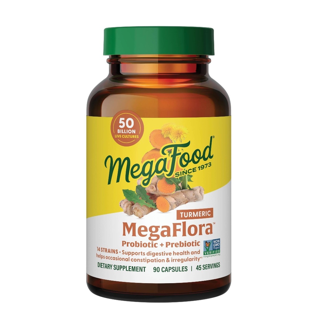 MegaFood MegaFlora probiootikumid + prebiootikumid Kurkumilisand - prebiootikumid ja probiootikumid naistele ja meestele, seedetrakti tervis, 50 miljardit CFU-d, 14 tüve - 90 kapslit (45 serveerimist)