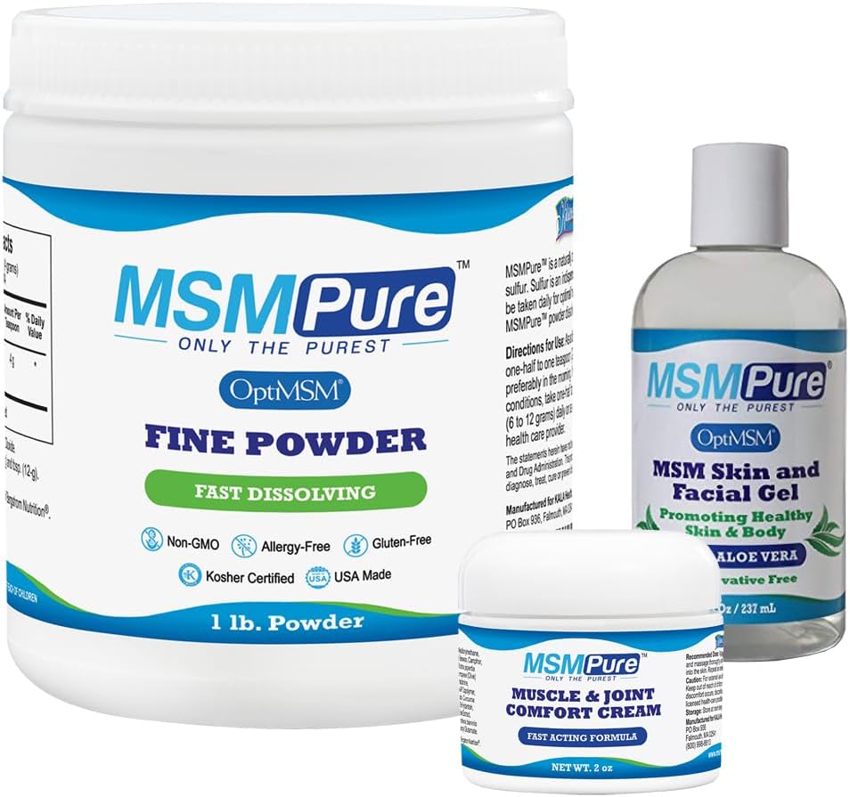 KALA HEALTH MSMPure Starter Bundle with MSM Fine Powder 1lb, MSM Muscle & Joint Cream 2oz and MSM Gel with Organic Aloe 8oz