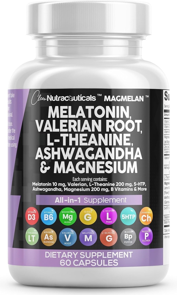 Puhas Nutraceuticals Melatoniin 10mg Valerian Juur L Theanine 200mg Ashwagandha - unetoetus magneesiumkompleksiga naistele ja meestele, sidruni palsam, kummel ja kirglik lill - 60 kapslit