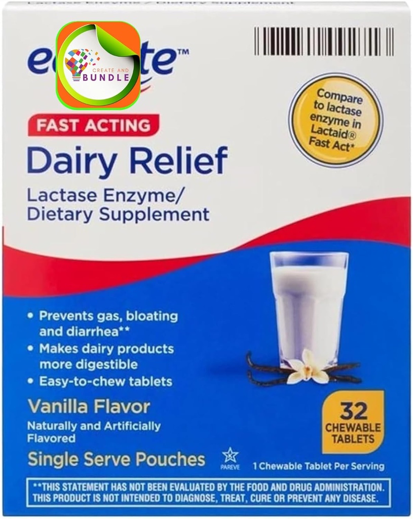 Equate Fast Acting Dairy Relief Lactase Enzyme Dietary Supplement Vanilla Maitse närimistabletid 32 Count (Pack of 1) + CreativeAndBundle Sticker