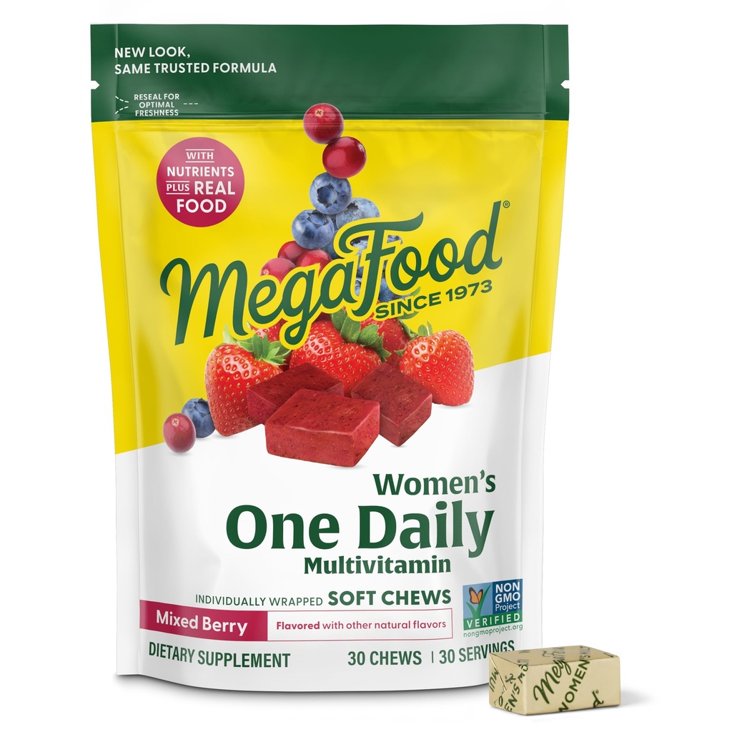 MegaFood Naiste üks igapäevane multivitamiini pehmed närimiskoed - multivitamiin naistele, kellel on folaat, vitamiin B6, B12, biotiin, D-vitamiin - maitsev segatud marjamaitse - taimetoitlane, mitte-GMO - 30 närimist