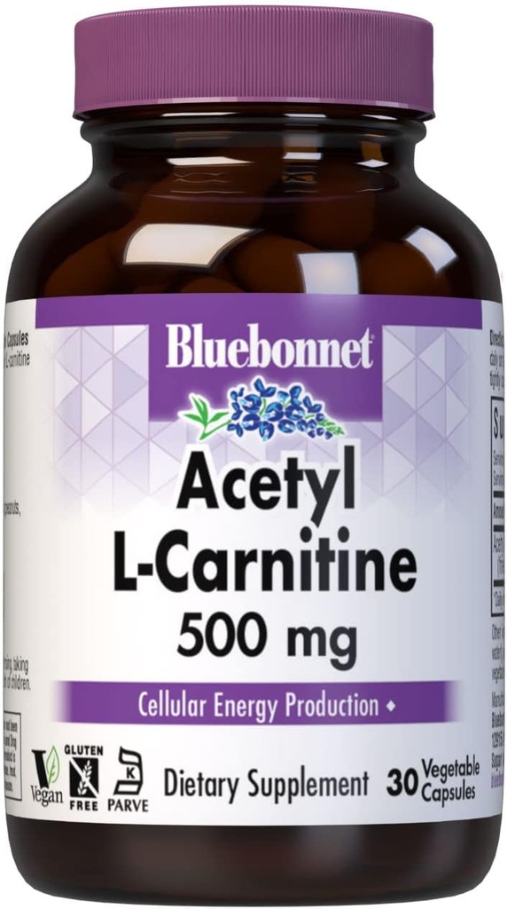 Bluebonnet Nutrition Atsetüül L-karnitiin, transpordib rasvhappeid, suurendab rakuenergiat, soja ja gluteenivaba, Kosher Certified, Vegan, 30 köögiviljakapslit, valge, 500mg