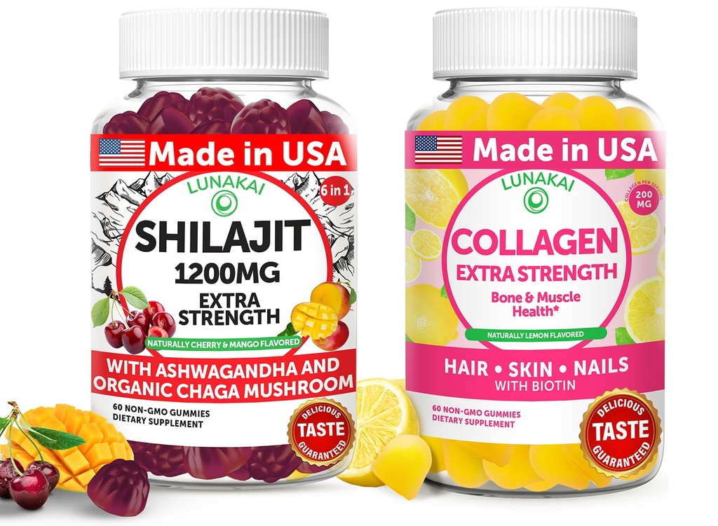 Lunakai USA Made Shilajit & Collagen Extra Tugevus Gummies Bundle - energia, juuksed, nahk ja küünte tugi - maitsev ja mitte-GMO