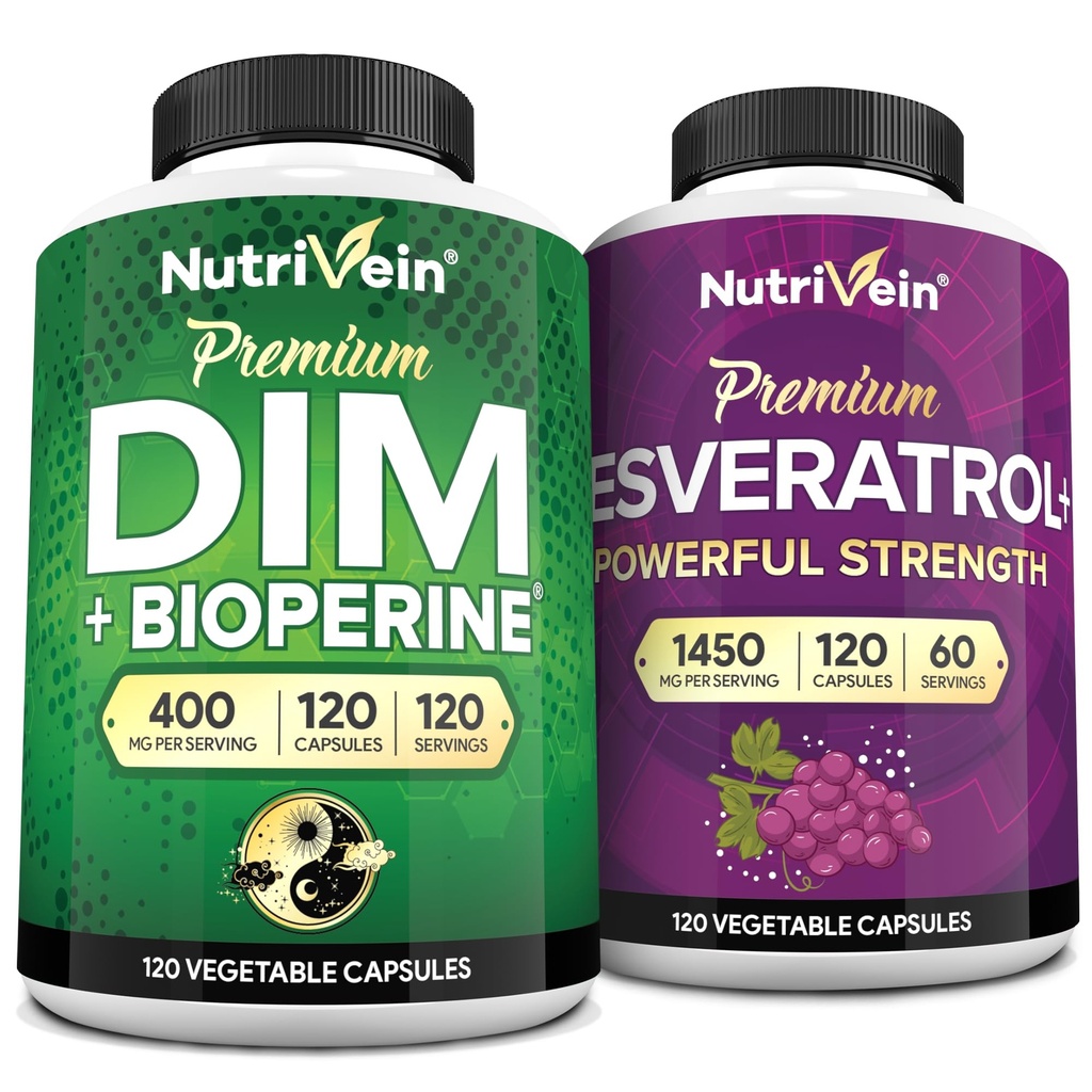 Nutrivein Premium Resveratrooli kapslid ja DIM-i lisakomplekt: suure imendumisega resveratrooli lisand ja DIM taastumise, tasakaalu ja elujõu jaoks
