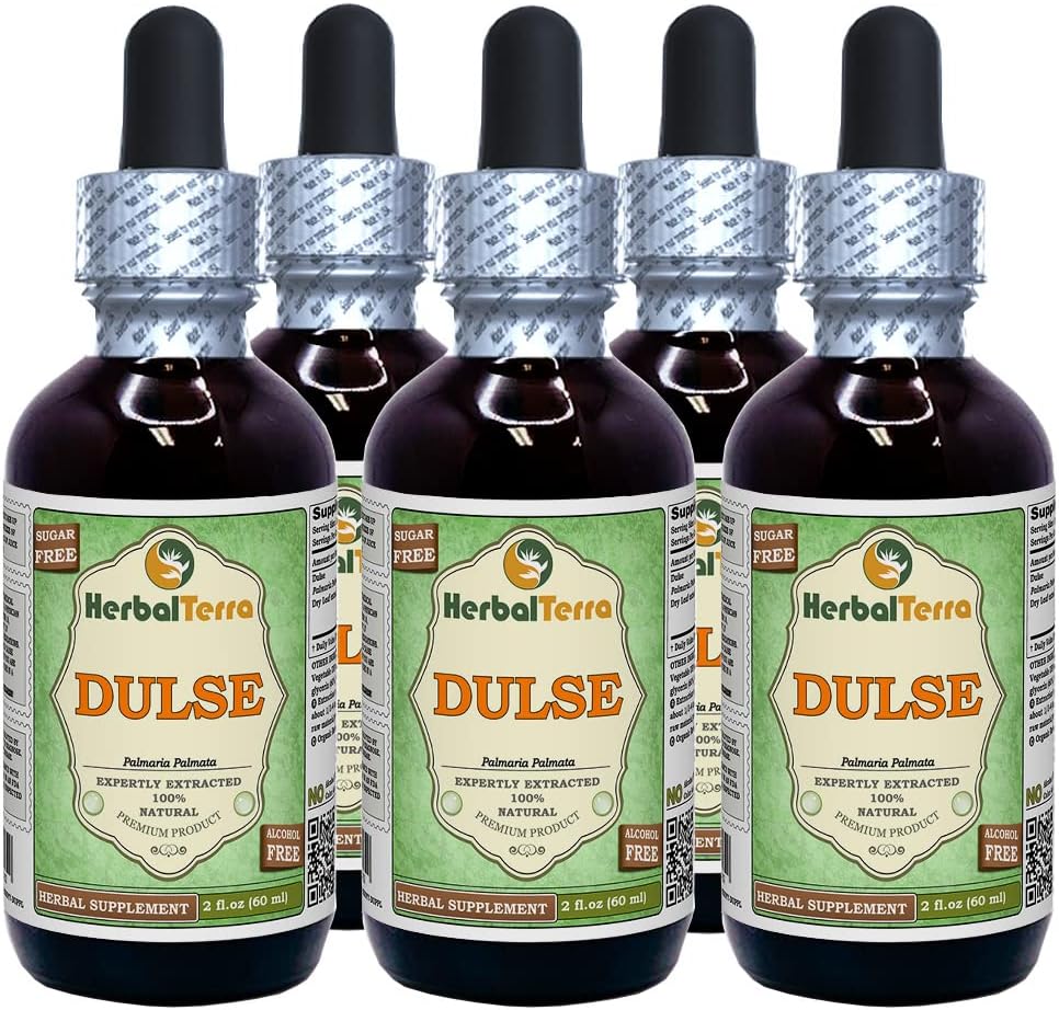 Dulse (Palmaria Palmata) glütseriit, orgaaniline kuivatatud lehed Alkoholivabad vedelikuekstrakt (kaubanimi: HerbalTerra, uhkelt valmistatud USAs) 5x2 fl.oz (5x60 ml)