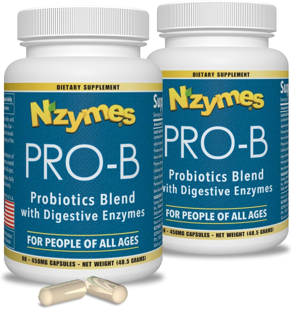 Nzymes® Pro-B probiootikumid ja seedeensüümid seedetrakti tasakaalu, parema seedimise, seedimise ja kõhukinnisuse jaoks (180 kogu kapslit) - valmistatud USAs