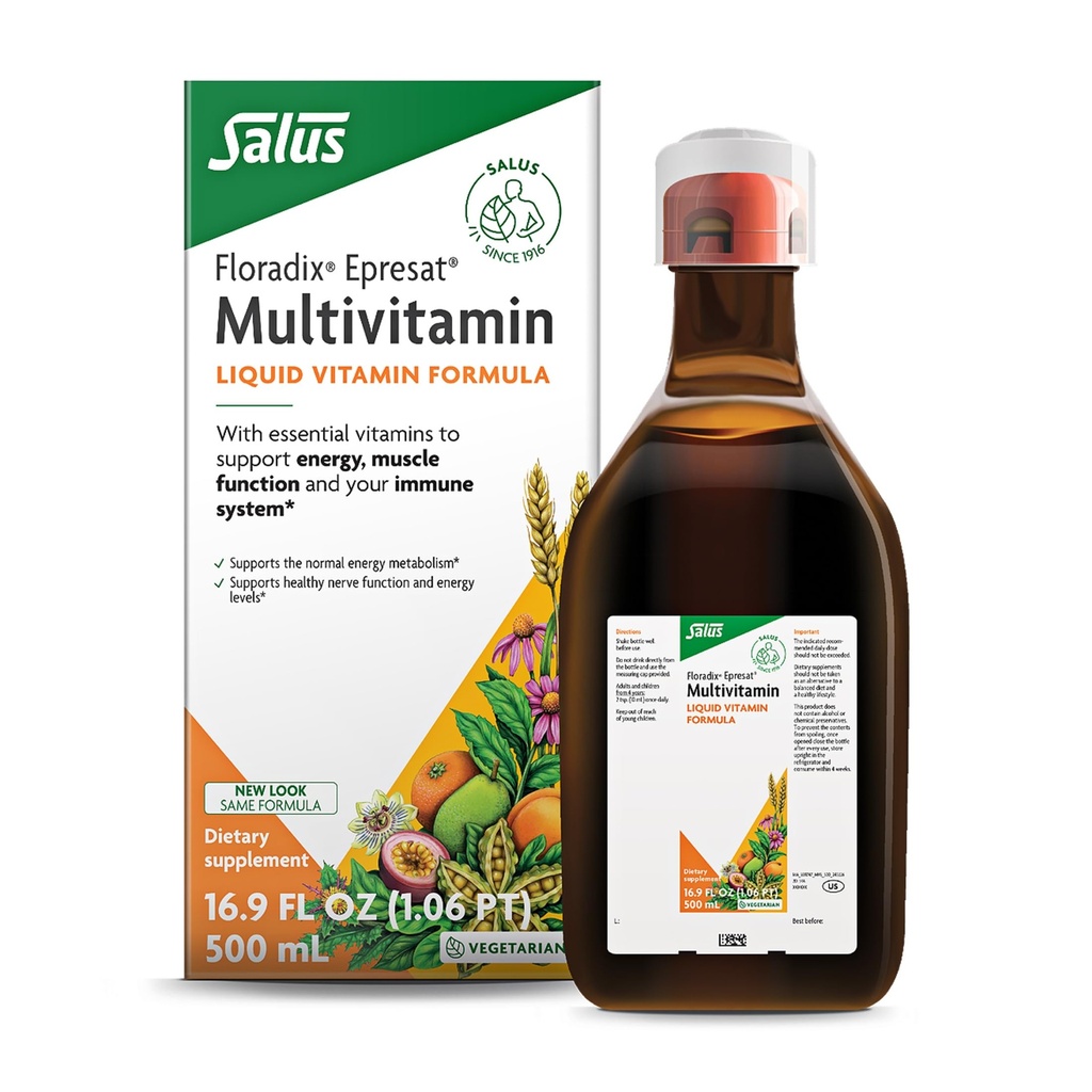 Floradix Epresat Täiskasvanud Vedel Multivitamiin - Taimne täiendus - Päevane täiendus A-, D-, B6-, Piimaohakas & Rohkem - toetab energia ja maksa tervist - Taimetoitlane, mitte-GMO - 16,9 fl oz