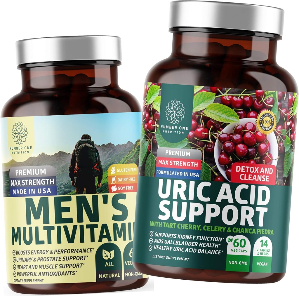 N1N Premium Uric Acid Support ja meeste multivitamiinid, kõik looduslikud toidulisandid energia taseme, eesnäärme tervise ja kuseteede funktsioonide toetamiseks, 2 pakendikomplekt