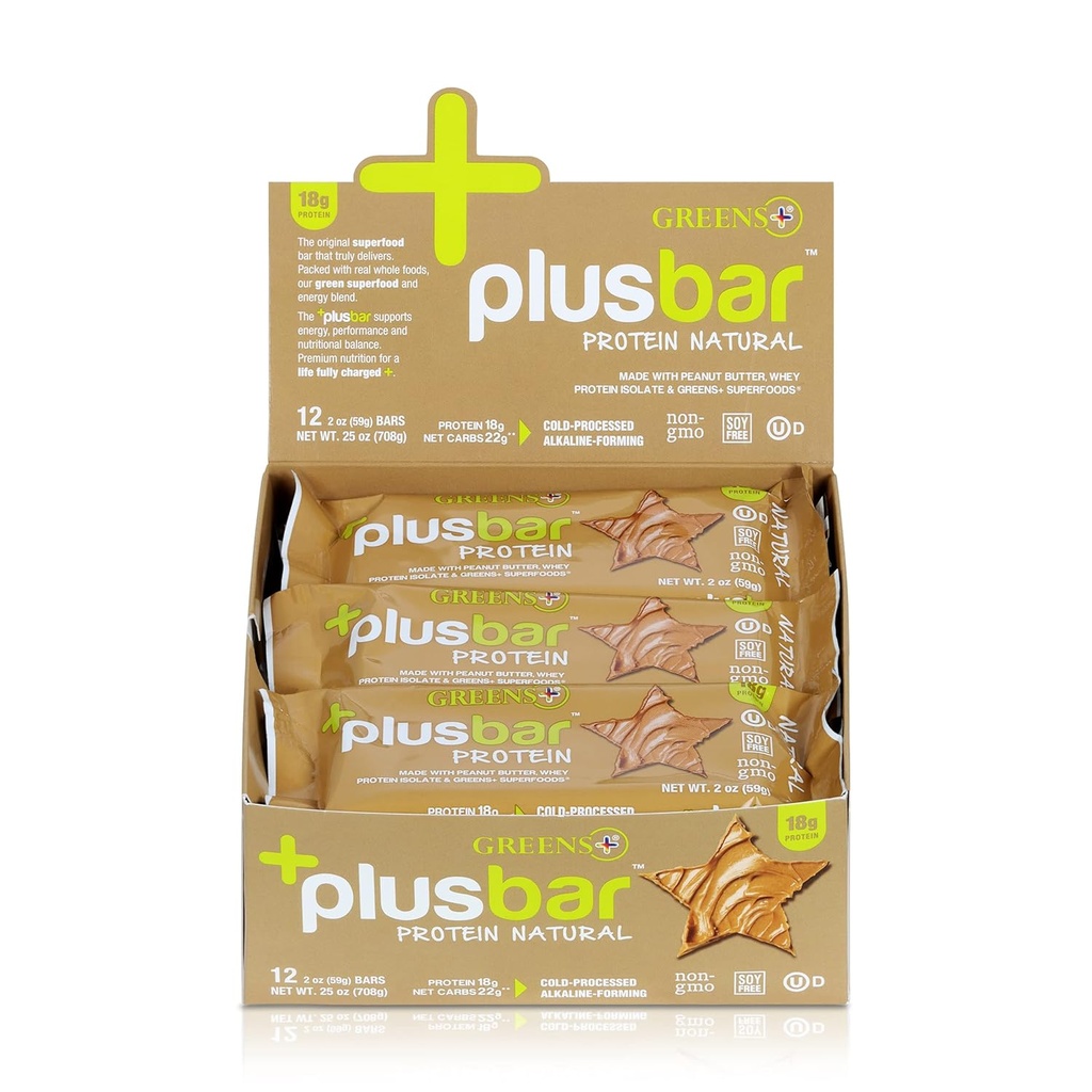 Greens+ Plusbar Protein Natural | Gluteenivaba vadakuvalgubaar | Orgaanilised rohelised | Non GMO | 12 baari
