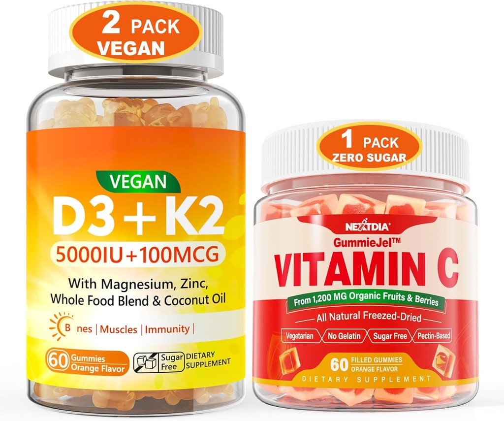 2 Pack Vegan Vitamiin D3 5000IU K2 Gummies + 1 Pack Terve toit Vitamiin C Gummies