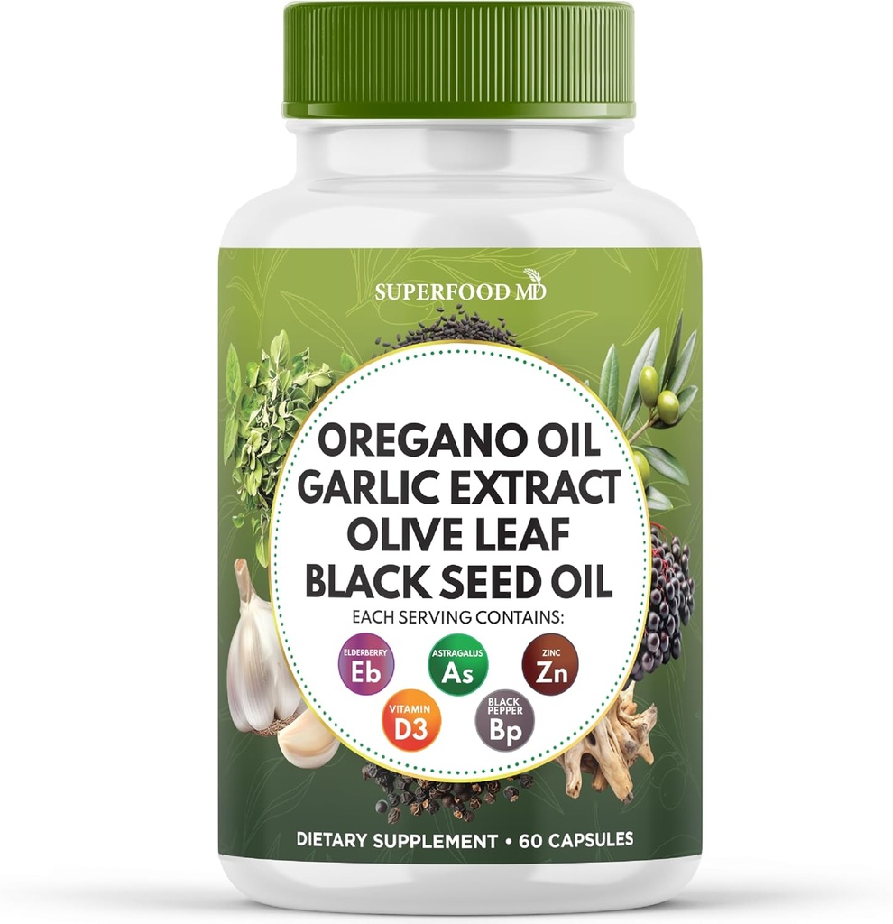Superfood MD Oregano õli küüslauk Ekstrakt Oliivilehe must seemneõli Astragalus- naistele ja meestele - 60 Count