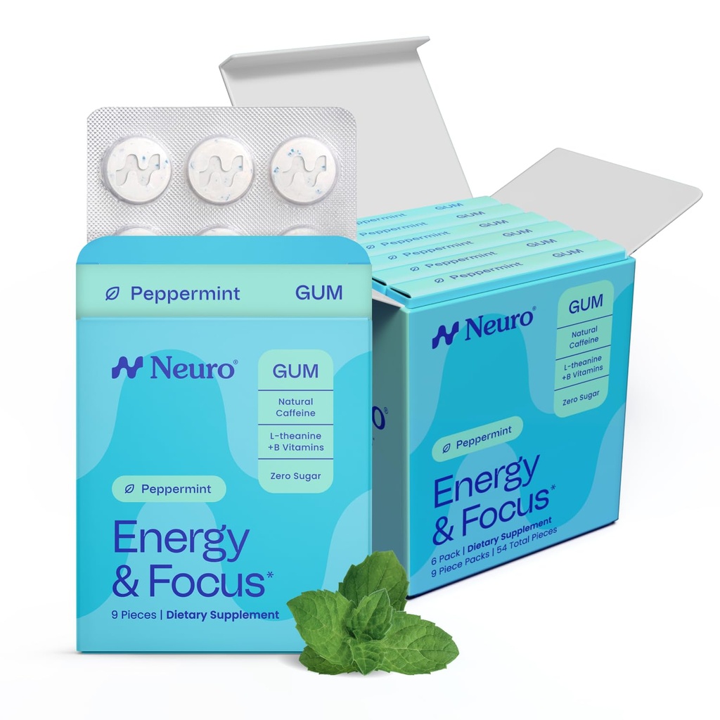 NeuroGum Energy & Focus Gum (54 Count-6 Pack, Piparmünt) | 40mg looduslik kofeiin + L-Theanine + Vitamiin B12 & B6 + ksülitool | Suhkruvaba Nootroopne Kognitiivne Aju Performance Supplement