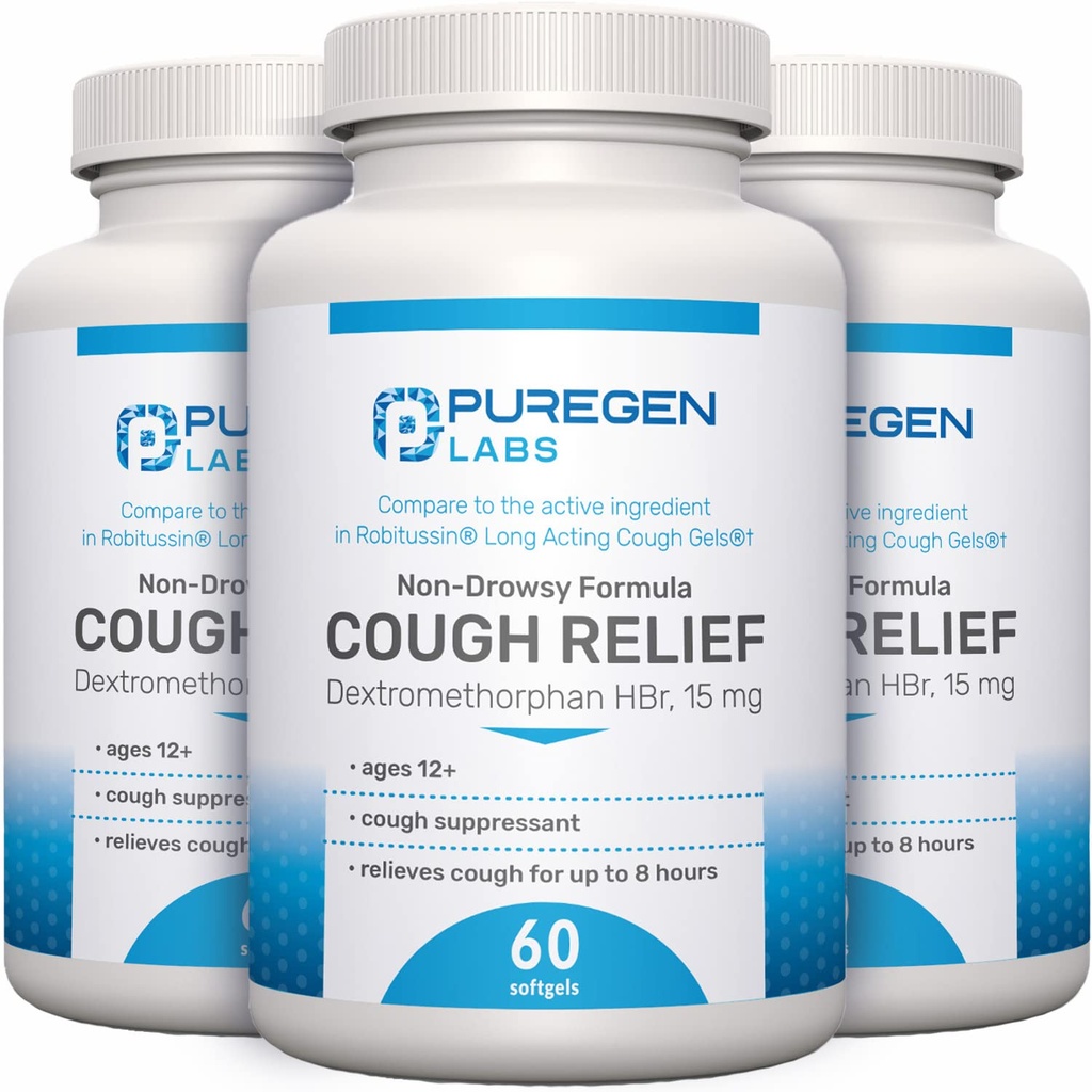 P Puregen Labs Köha leevendamine täiskasvanutele Dextromethorphan HBr 15mg | 8-tunnine, mitte-uimane, pikaajaline bronhide supressant | Vanus 12+ | Võrreldes Robafeeni ja Robitussiniga - 3 Pack | Kokku 180 Softgels