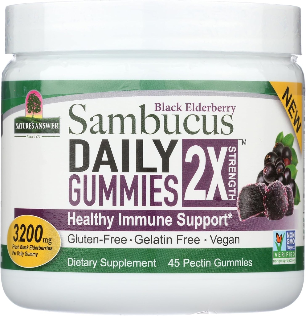 Looduse vastus Sambucus Daily Gummies | 2X Rohkem Elderberry 3200 mg kontsentratsioon | Alkoholivaba, gluteenivaba, želatiinivaba, vegan, GMO-vaba ja säilitusaineteta | (45 loend (1. pakk)