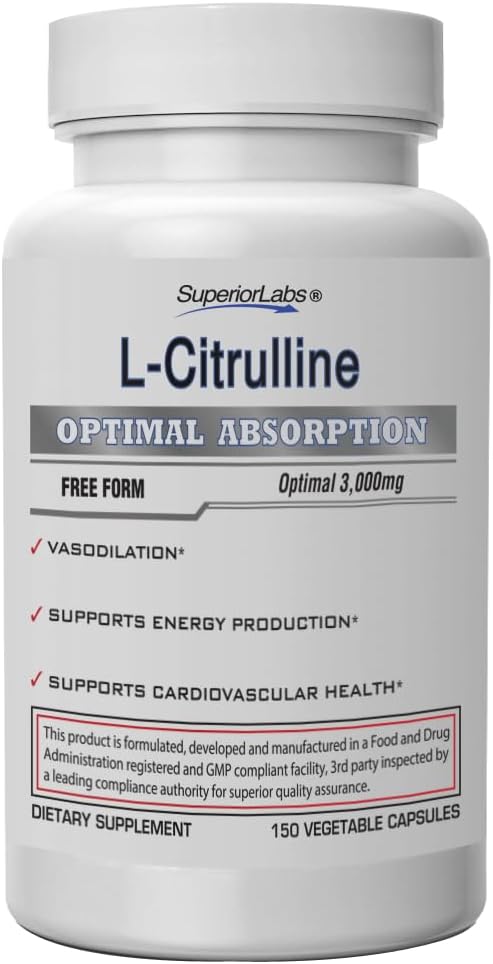 Superior Labs L- Tsitrulline 3000 mg, Non-GMO, High-Potency Free- Form Amino Acid, Lämmastikoksiidi & Vasodilatatsiooni Booster, Pre-Workout Lihaspump, Kestvus, Kardiovaskulaarsed Toe, 150 Veg Caps