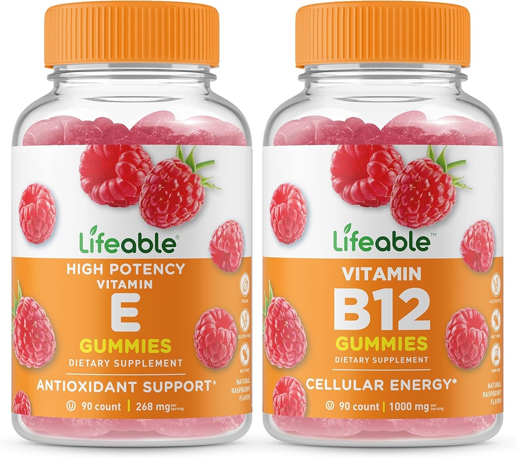 Elujõuline E-vitamiin + B12-vitamiin, Gummies Bundle - suurepärane maitse, vitamiinilisand, gluteenivaba, GMO-vaba, närimiskumm