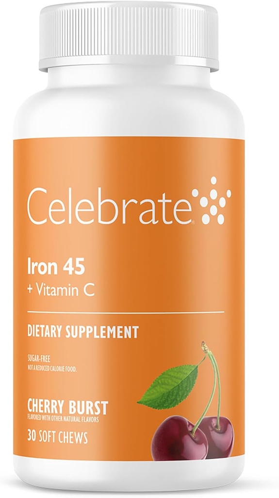 Tähistage vitamiine Raualisandit C-vitamiiniga - 45mg rauda, 60mg C-vitamiini, bariaatrilisi vitamiine WLS-i patsientidele, vertikaalse varruka ja mao möödavoolu kirurgia - kirss, 30 pehmet närimist
