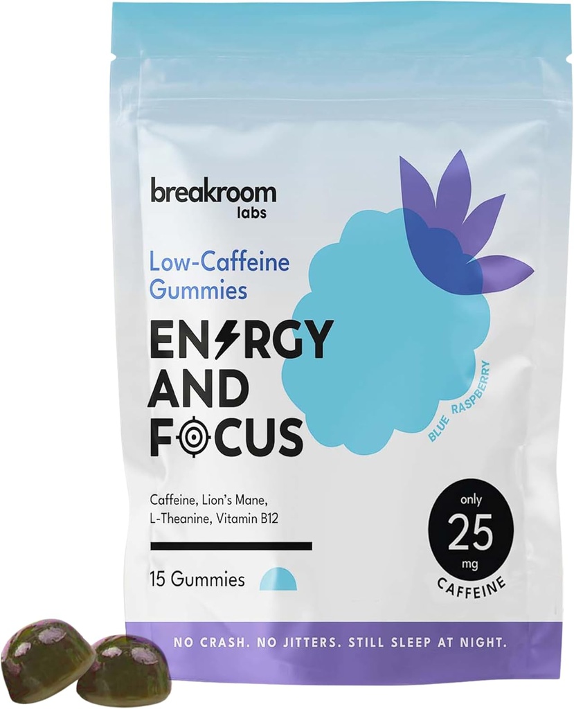 Breakroom Labs Energy and Focus Gummies - Low Caffeine 25mg w / L-Theanine, Lions Mane, Vitamiin B12 - Nootropic Brain Supplement täiskasvanutele, lastele - Vegan, Madal suhkur, Blue Vaarika Maitse, 15 Servings
