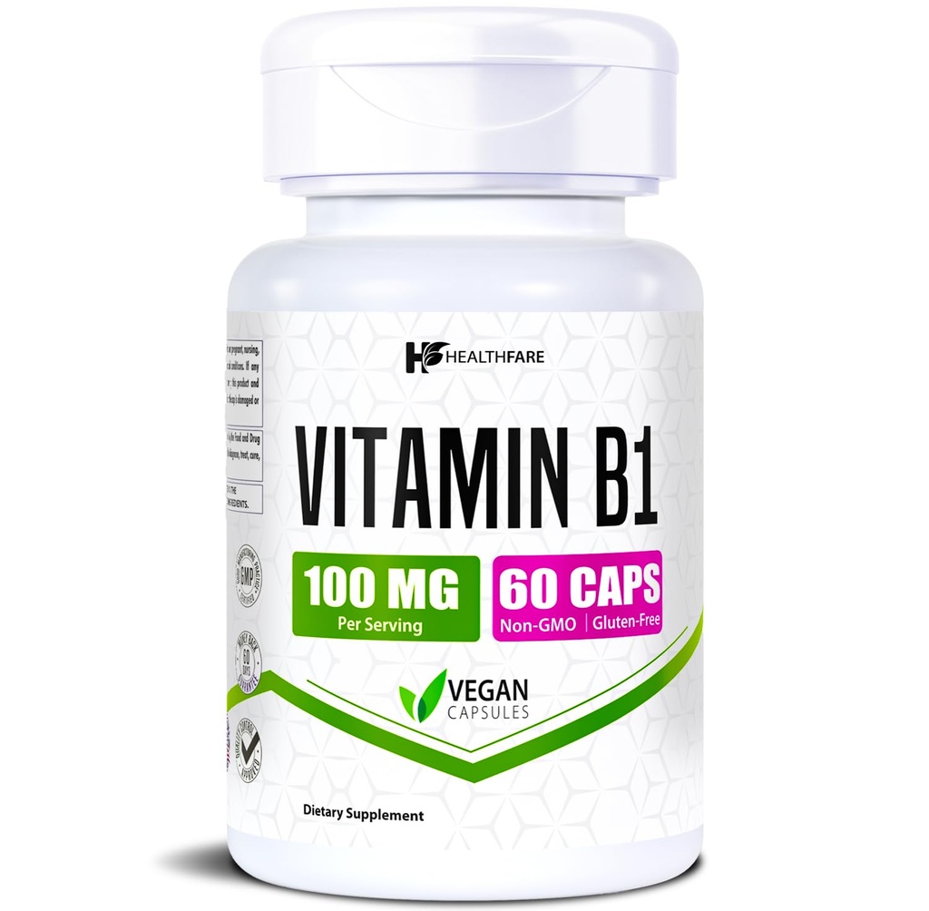 Tervishoid Vitamiin B1 100mg | 60 kapslit | Tiamiinilisand | toetab üldist tervist | Mitte-GMO | Gluteenivaba (60 kapslit)