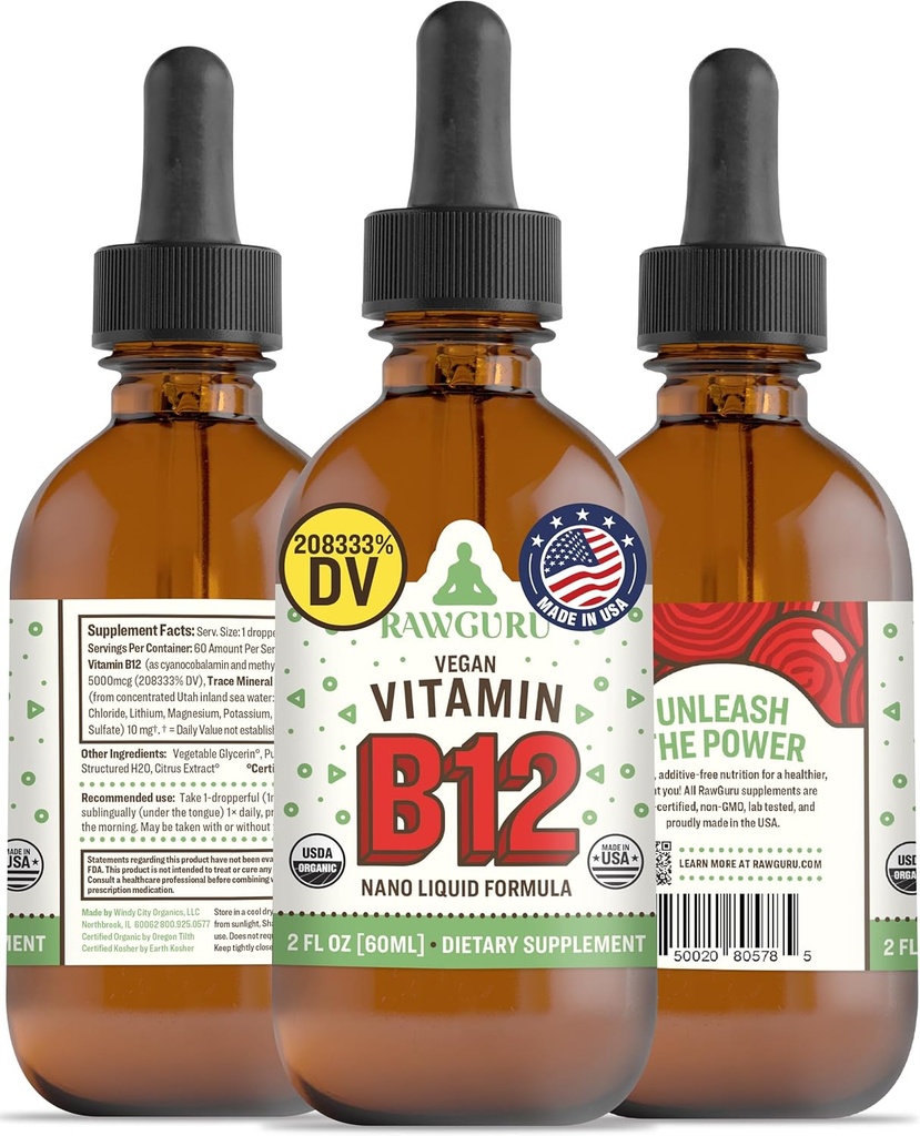 RawGuru Vitamiin B12 Vequid Supplement - Orgaaniline Vegan Vequid B12 koos jälgede mineraalidega - Nano-töödeldud antioksüdandi ja immuunsüsteemi tugilisandi tinktuur - 60 portsjonit Vegan tilka 60 ml kohta, pakend 1