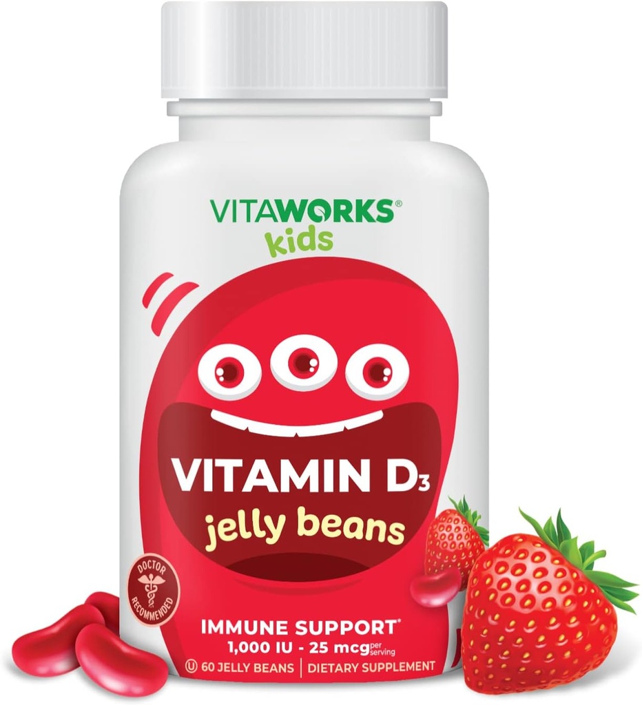 Lapsed Vitamiin D 1000 IU Jelly Beans - Maitsev looduslik maasikamaitse, taimetoitlane, GMO-vaba, gluteenivaba, pähklivabad vitamiinid - toidulisand immuunsüsteemi toetuseks - lastele - 60 Jellies