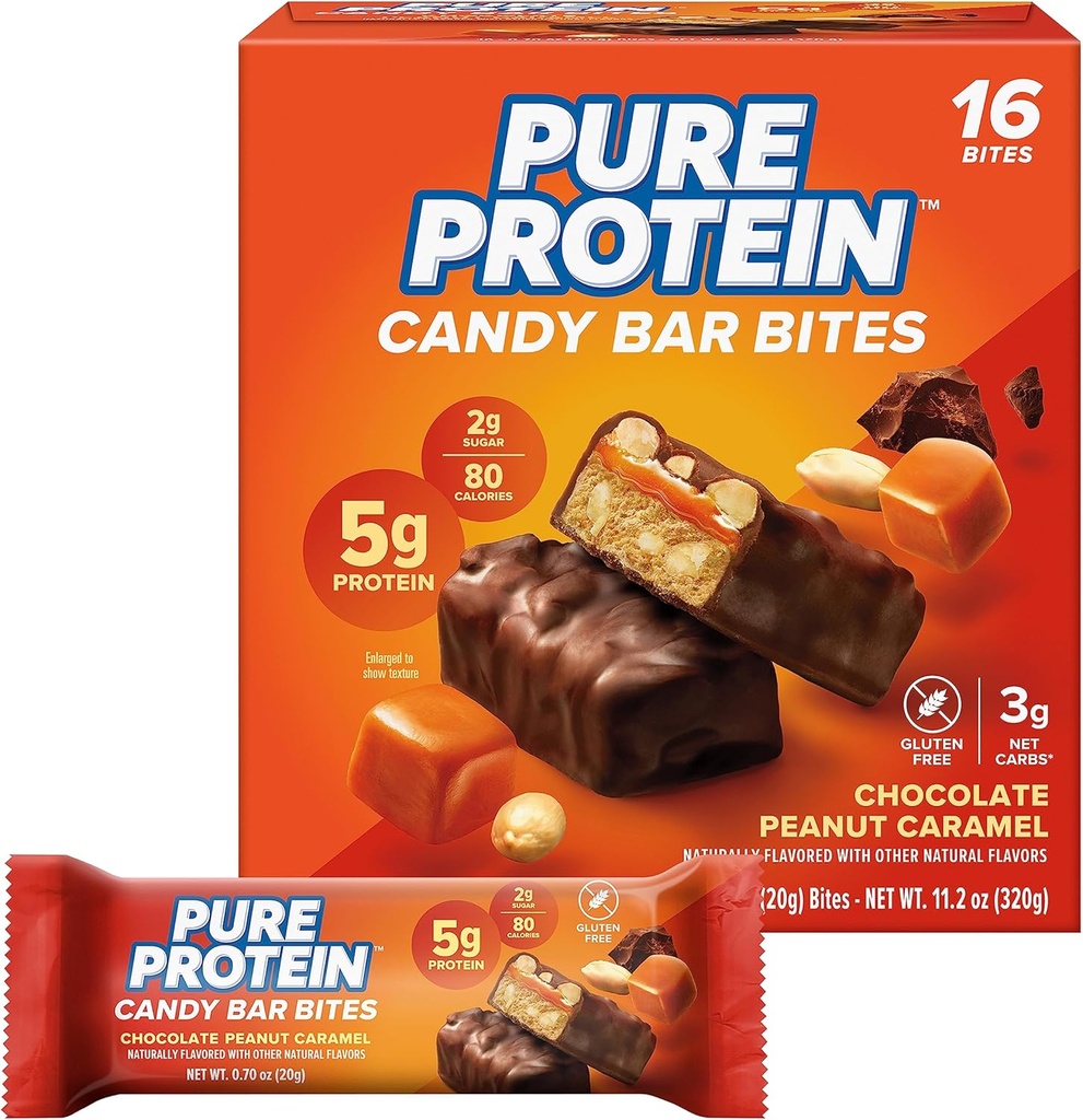 Puhas valk Candy Bar Bites, šokolaad Maapähkli karamelli, 5 g valku, gluteenivaba, madal suhkur, 0,70 oz, 16 pakendit (pakendamine võib varieeruda)