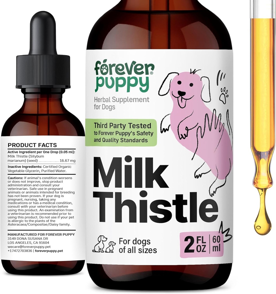 Forever Kutsika piimaohaka lisand koertele - Maksatoetus koertele piimaohaka ekstraktiga - Silimariini lisandid ja vitamiinid väikesele suurele keskmisele tõule - Koerte maks Detox tilgad - 2 oz