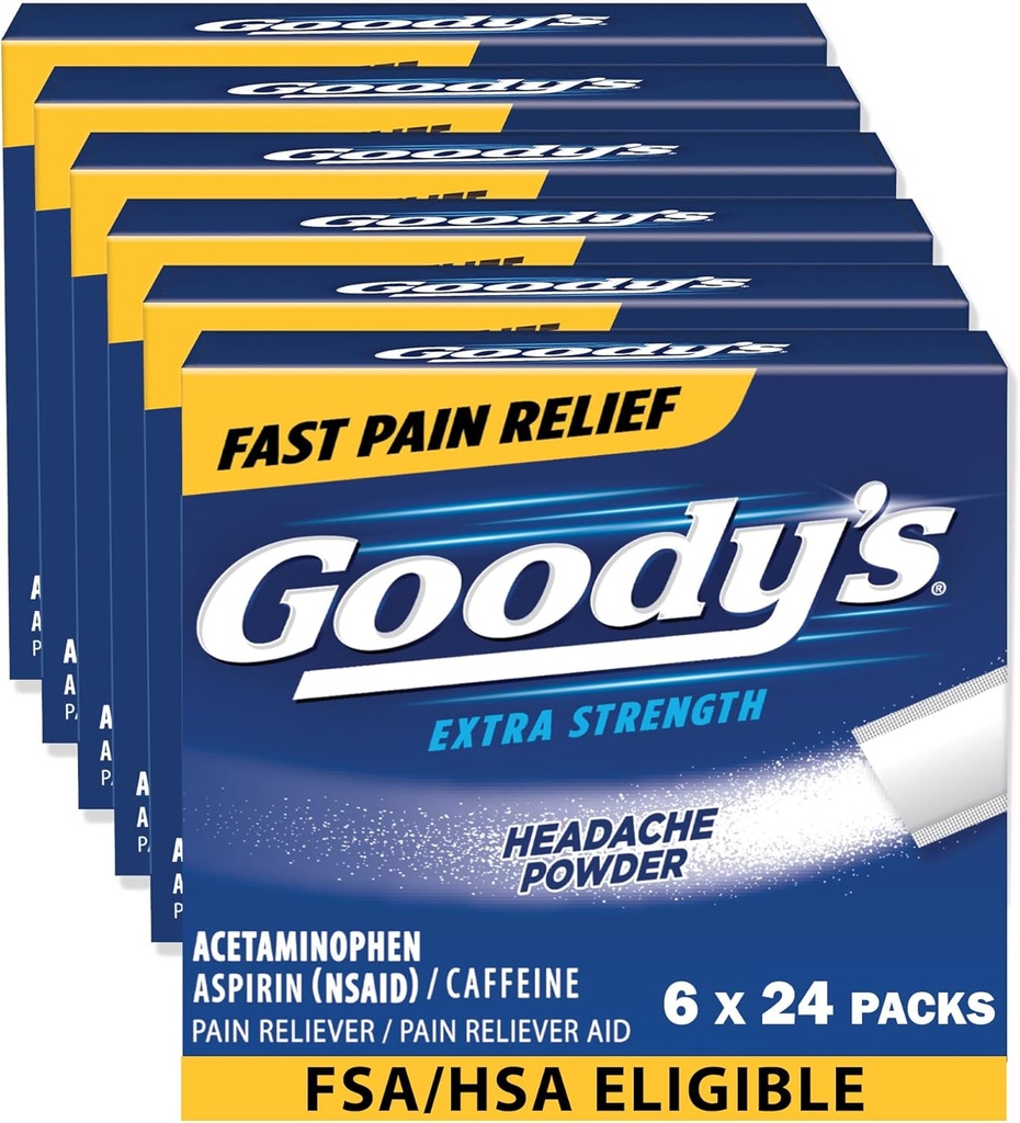 Goody peavalu Pulber Tugevus Valu leevendamine, kolmekordne tegevus Peavalu Relief aspiriini, atsetaminofeeni ja kofeiiniga, 24 loend, pakend 6