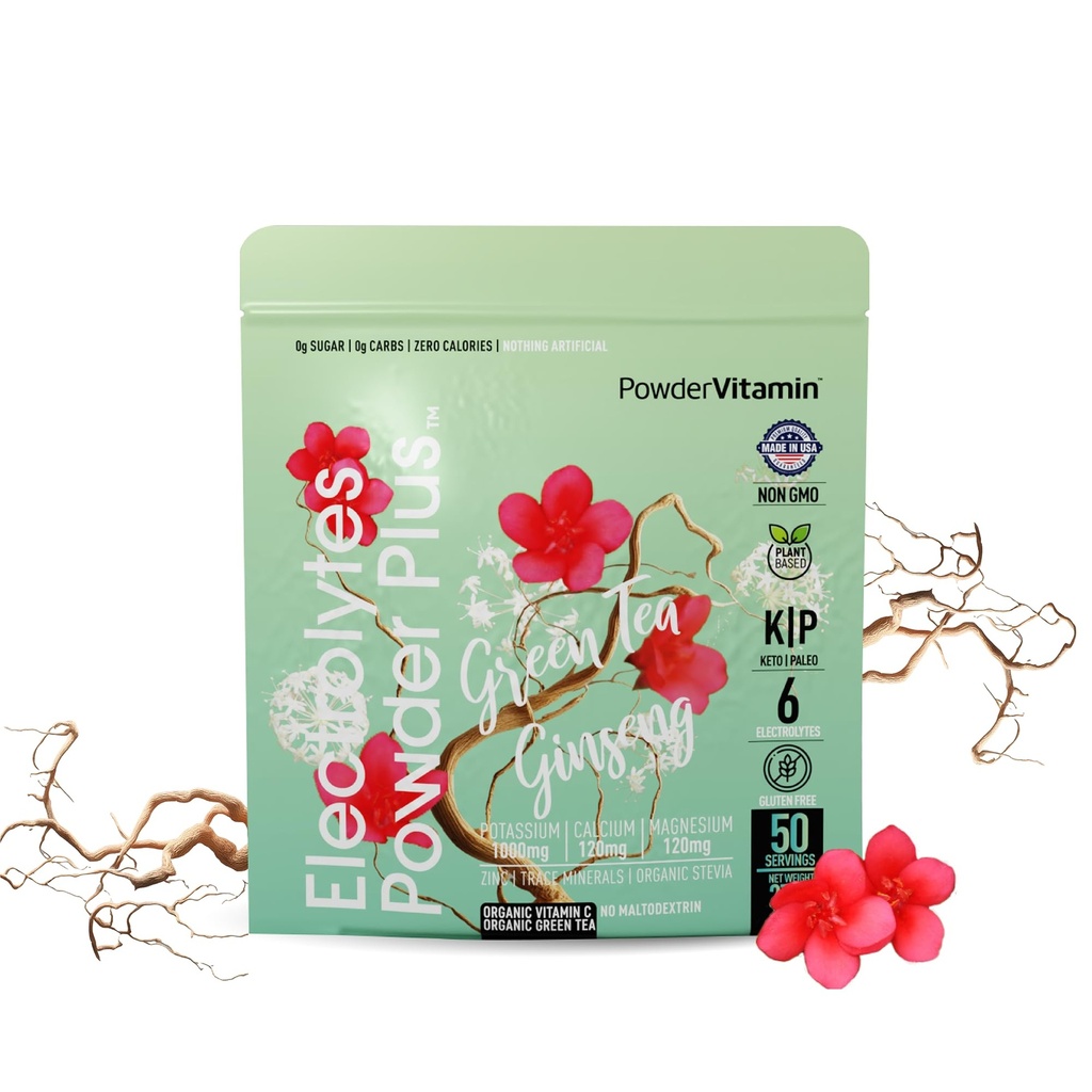 PowderVitamin Electrolytes Powder Plus (50 Servings) Roheline tee ženšenni elektrolüüt pulber Keto, suhkruvaba, roosa Himaalaja sool, 1000mg kaalium, 120mg Kaltsium, 120mg Magneesium, hüdraadipulber