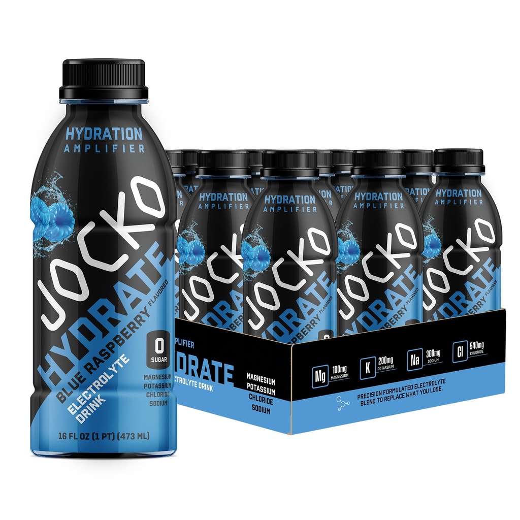 Jocko kütuse hüdraat elektrolüütjoogid - spordijoogi hüdratsioonivõimendi, Thirst Quencher - teaduslikult formuleeritud elektrolüüt Blend Blue Vaarika 16 Oz (12 Pack)