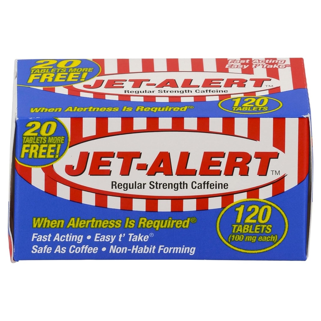 Jet-Alert Regulaarne tugevus Kofeiin 100 mg tabletid, väärtuse suurus, 120 loend (pakk 3)