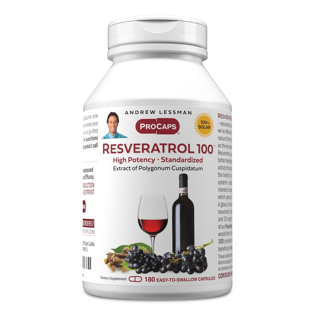 ANDREW LESSMAN Resveratrol-100mg - 180 kapslit - punane vein on kasulik, loomulikult esinev antioksüdant, ilma alkoholita. Söödalisandivaba
