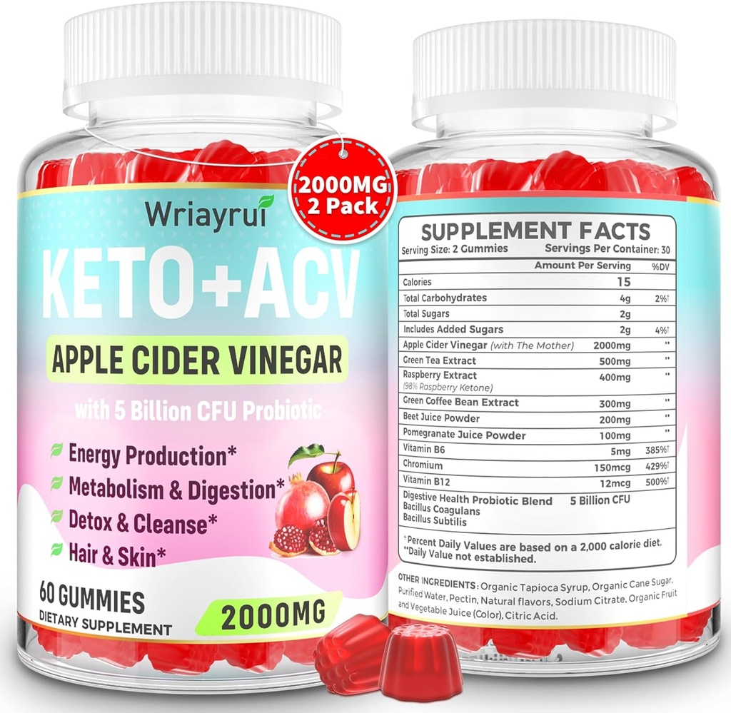 Keto ACV Gummies koos probiootikumide ja vitamiiniga B12, 2000mg Õunasiidri äädikakummid koos emaga, ainevahetuse, seedimise, detoksi ja puhastamise jaoks, suhkruvaba, vegan-sõbralik, 120 Gummies