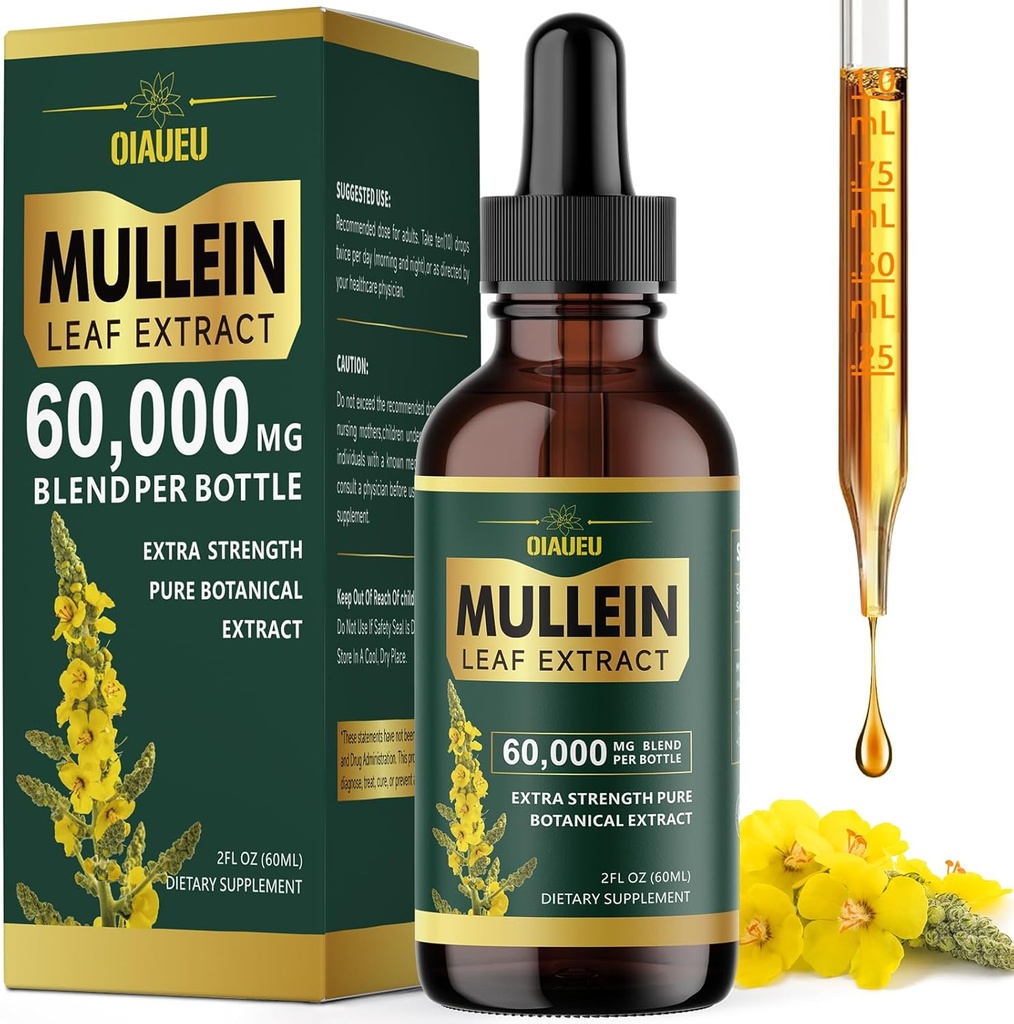 Orgaaniline Mullein tilgad kopsudele, Mullein Leaf Tinktuur Tugi Kopsupuhastus, Natural Supplement Vedel Ekstrakt Lung Detox ja hingamisteede Tervis, Vegan, 2 fl oz