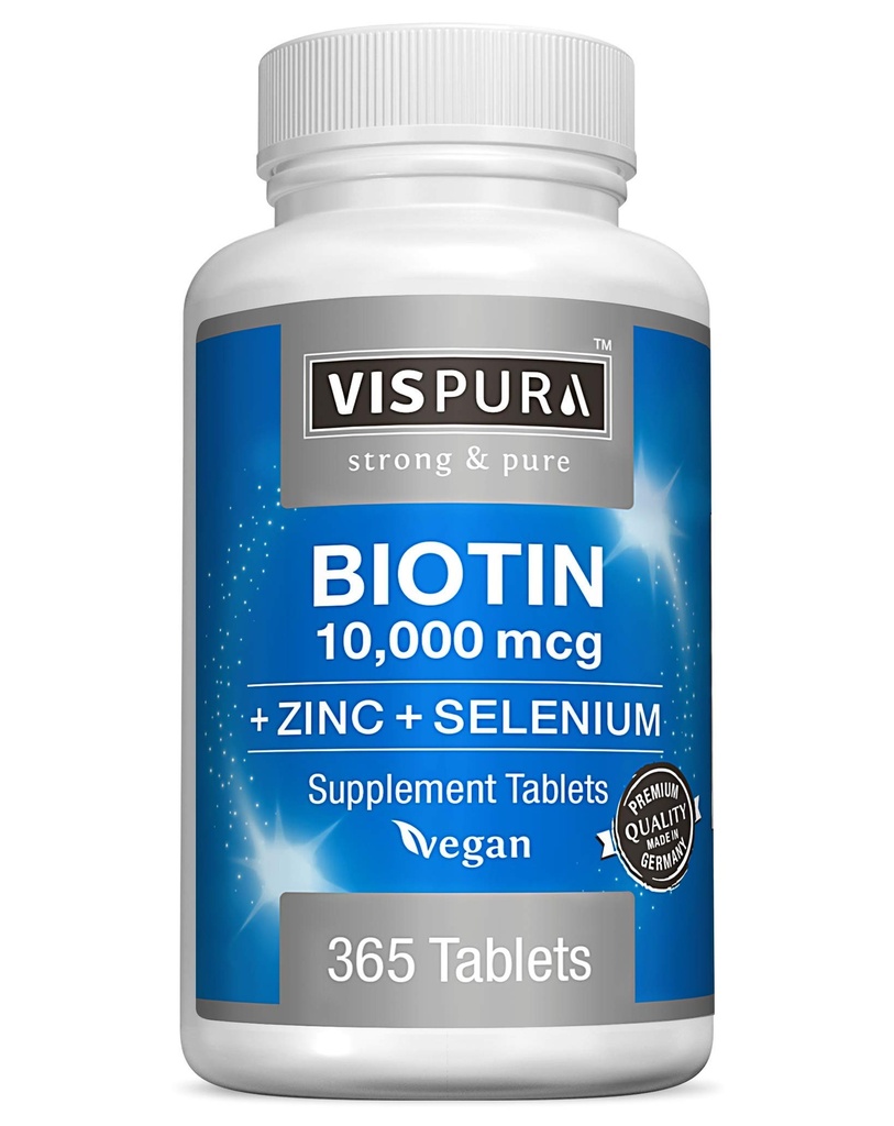 Biotiin 10000 mcg + tsink + seleen, puhas, vegan ja ekstra tugev, parim juuste kasvu täiendus, hõõguv nahk, tugevad küüned *, 365 tabletti 12 kuu jooksul, looduslikud ilma lisanditeta