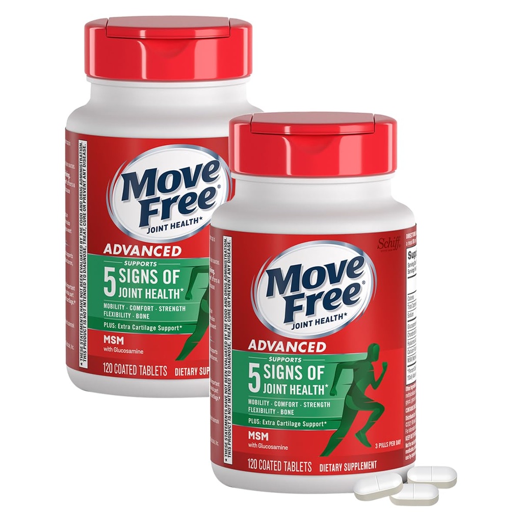 Move Free Advanced Plus MSM kaetud tabletid, ühine tervise täiendada glükosamiini ja kondroitiin, 120 Count, Pack 2
