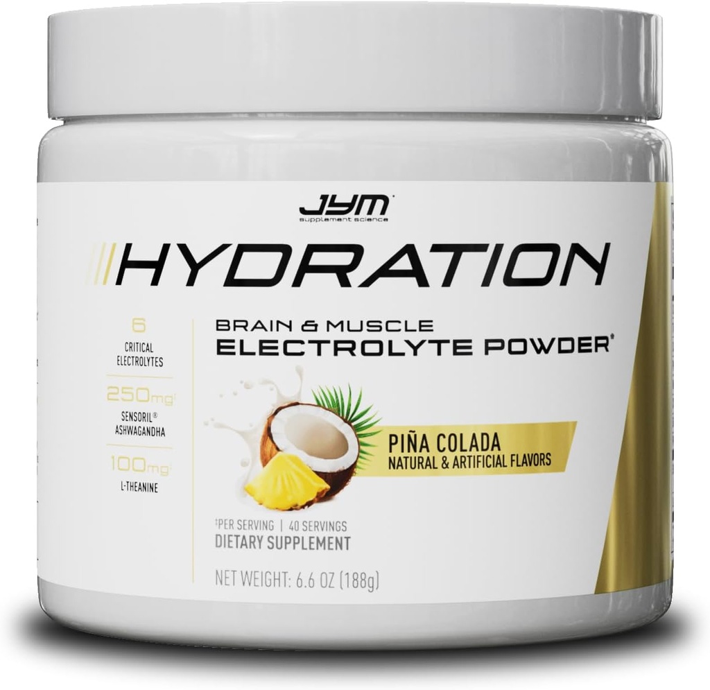JYM Hüdratsioon Pina Colada pulber, Performance elektrolüüdid, kaalium, naatrium, magneesium, meestele ja naistele, Theanine, Ashwaghanda, Theanine, 40 Servings