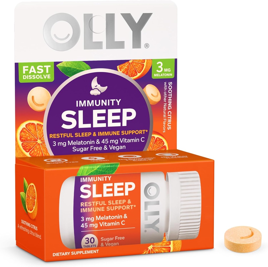 OLLY Immuunsus Maga kiiresti lahustub, 3 mg melatoniini, C-vitamiini, tsitrusviljade maitse, 30 päeva pakkumine - 30 loend