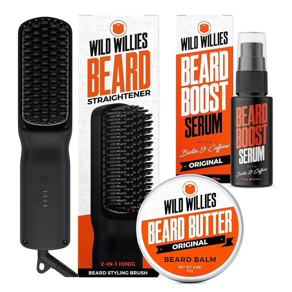 Wild Willies Bear Care Kit: Kuumutatud habeme sirgendaja meestele, habemevõi ja habemekasvu seerum - Ultimate Grooming Tool Set, Beard Balm, Hüdraat Seerum, Hot Comb Bear Brush igapäevaseks kasutamiseks