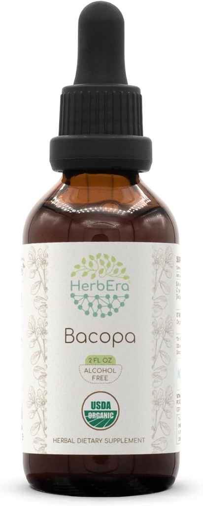 HerbEra Bacopa B60 USDA orgaaniline tinktuur | Alkoholivaba ekstrakt, suure tugevusega taimsed tilgad, lõõgastav toime, positiivne kognitiivne | Sertifitseeritud orgaaniline bacopa (Bacopa Monnieri) Kuivatatud maitsetaim (2 fl oz)