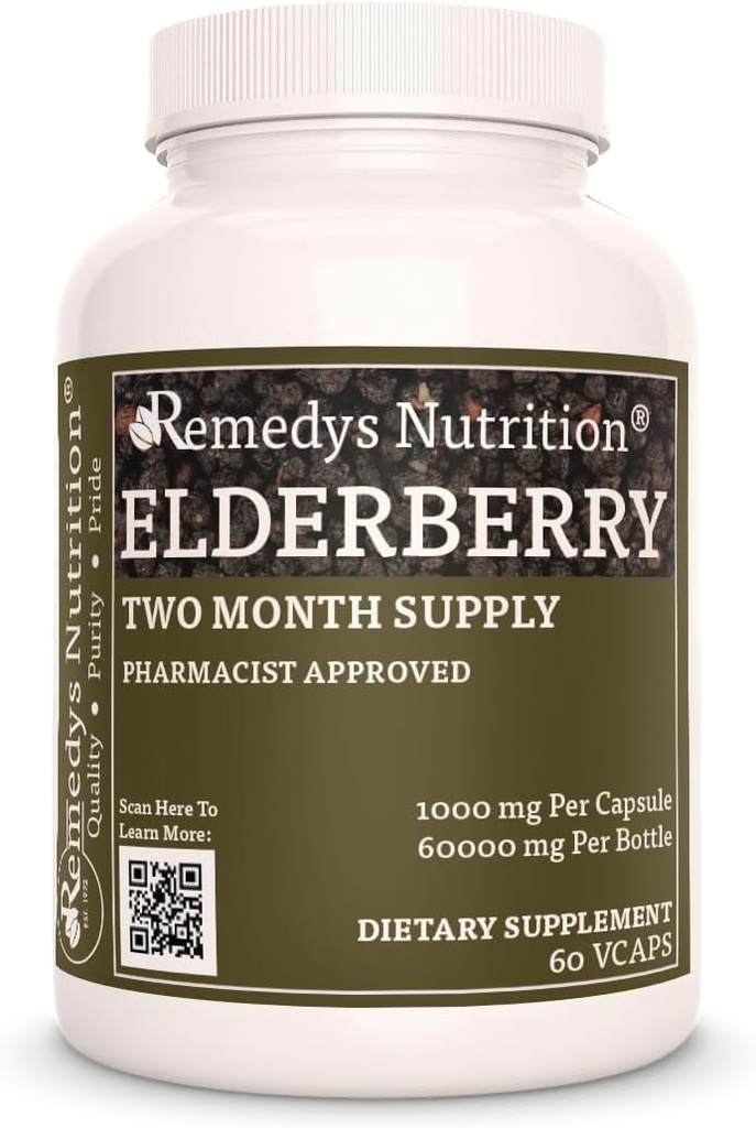 Remedy's Nutrition Elderberry | 1000 mg, 60 vegankapslit taimset toidulisandit | kahe kuu pakkumine